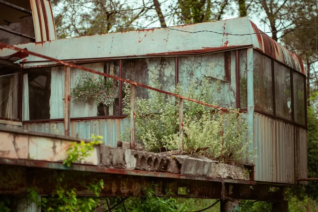 Weathered glass cabin on stilts overgrown with wildflowers at Golden Lake