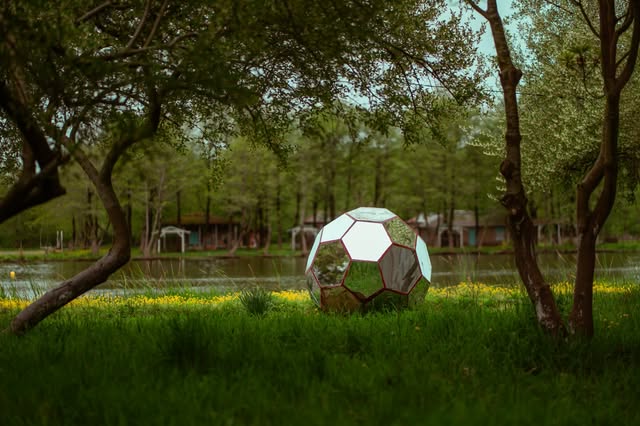 Mirrored geodesic sphere installation glinting in a green meadow by the lake